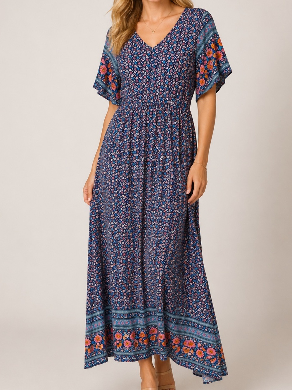 Pretty Garden Navy Floral Ditsy Print V-Neck Midi Dress Small